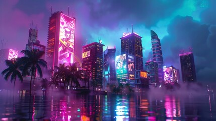 Futuristic cyberpunk city at night with neon lights and reflections in water