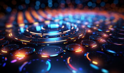Digital wallpaper featuring colorful neon circles in a futuristic tech layout selective focus, dynamic design, realistic, manipulation, techinspired backdrop