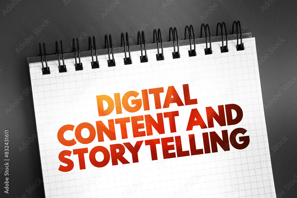 Poster digital content and storytelling text on notepad, concept background