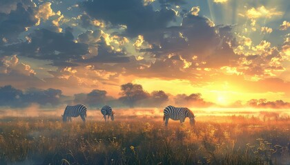 Savannah at dawn with mist and zebras grazing, soft pastel colors, realistic, digital painting, peaceful and ethereal,