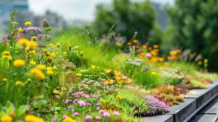 Urban green roof with plants and flowers, illustrating sustainable urban development