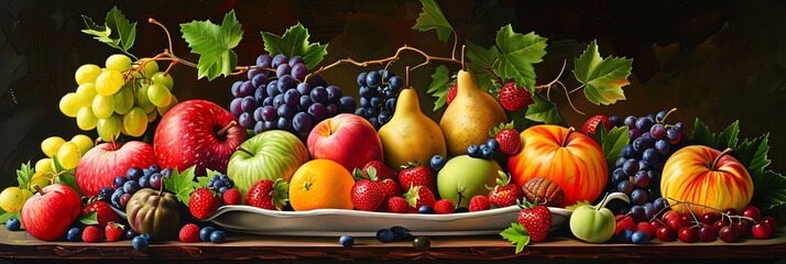 Still life with a variety of fruits. Apples, pears, grapes, plums, and peaches are among the fruits depicted.