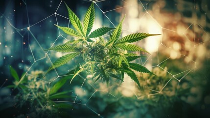 DNA helix and cannabis leaf intertwined focus on medical genetics, whimsical, double exposure, scientific institute backdrop
