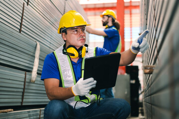 Steel factory workers using tablet check stock of steel tubes at the product placement point in...