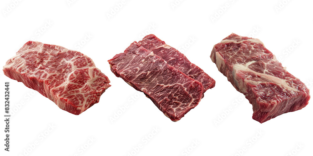 Wall mural Set of raw wagyu steak on transparent background. Food set.