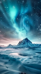 Naklejka premium Tranquil Snow-Covered Mountain Range at Night with Starlit Sky and Aurora Borealis Reflection on Frozen Lake