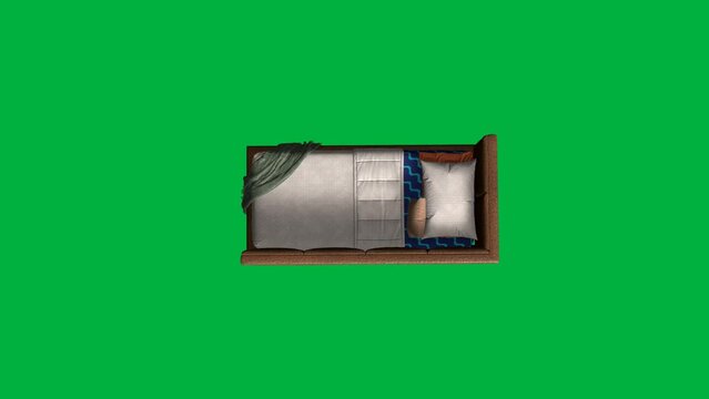 A bed with a green background. The bed is made with a white comforter and a green blanket