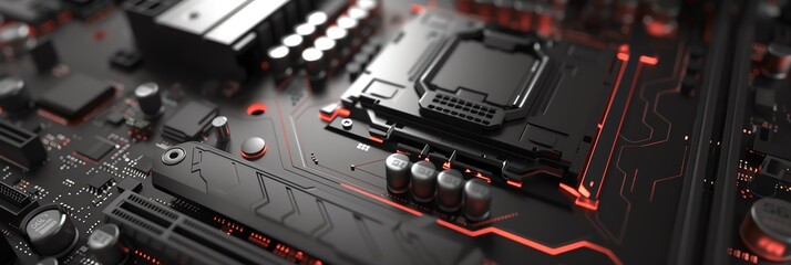 The image shows a close-up of a computer motherboard with a central processing unit (CPU) and other electronic components.