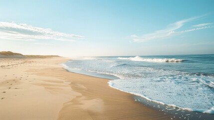 Fototapeta premium Wide-open beach with gentle waves, illustrating the peaceful and endless freedom of the sea