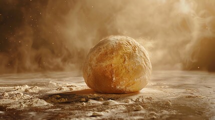 Obraz premium The photo shows a ball of dough covered with flour on a wooden surface.