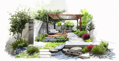 Esquisse d'architecte d'un projet de construction d'une pergola écologique bioclimatique en bois dans un jardin