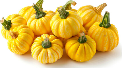 Pile of small yellow pumpkins, white background