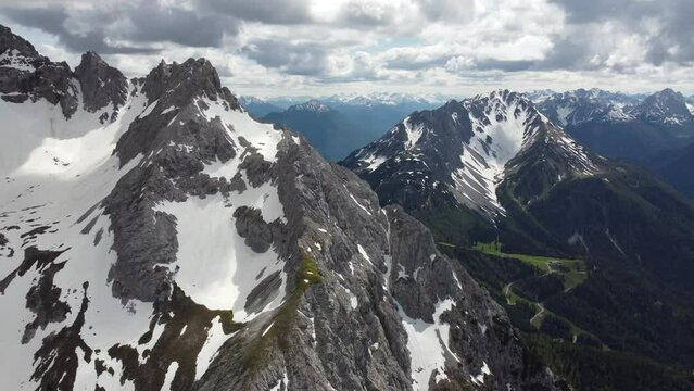 Aerial drone view of snow covered Alps in Ehrwald in Austria