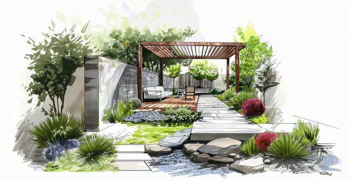 Esquisse d'architecte d'un projet de construction d'une pergola &eacute;cologique bioclimatique en bois dans un jardin