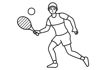 A black and white drawing depicting a man engaged in a game of tennis