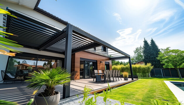 Projet de construction d'une v&eacute;randa ou pergola bioclimatique pour une maison d'habiation moderne blanche