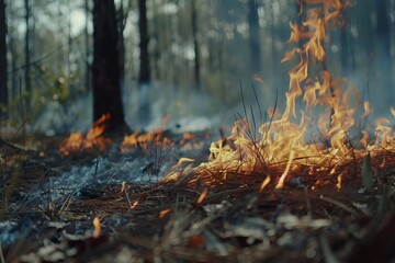 Obraz premium Wildforest fire burning forest trees eecological disaster smoke aerial view from helicopter danger death animals damage hazard blaze pollution tragedy