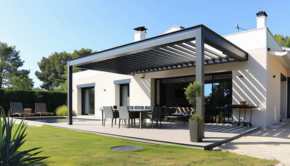 Projet de construction d'une véranda ou pergola bioclimatique pour une maison d'habiation moderne blanche