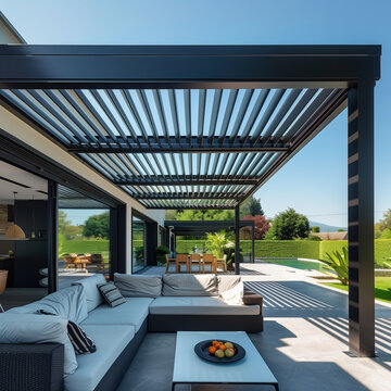 Projet de construction d'une v&eacute;randa ou pergola bioclimatique pour une maison d'habiation moderne blanche