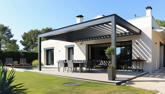 Projet de construction d'une v&eacute;randa ou pergola bioclimatique pour une maison d'habiation moderne blanche