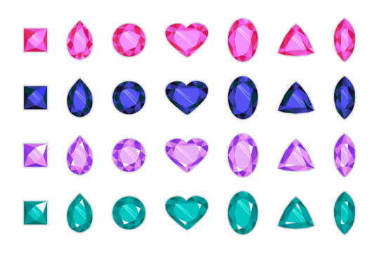 Gemstones, Jewelry. Colorful rhinestones and diamonds, sapphire and amethyst, diamond and emerald, ruby gemstones, isolated on the white background, vector.