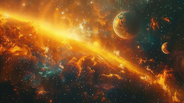 Stars and planets aligned with a glowing cosmic background, deep space, digital painting, dynamic and breathtaking,