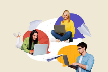 Composite photo collage of three happy pen friends girls guy use macbook distance paper plane send...