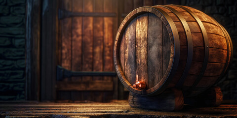 An old wooden beer barrel in a dark wood background. whiskey or wine barrel, copy space.	