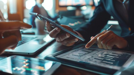 A diverse group of individuals are seated at a table, engrossed in their tablet computers.