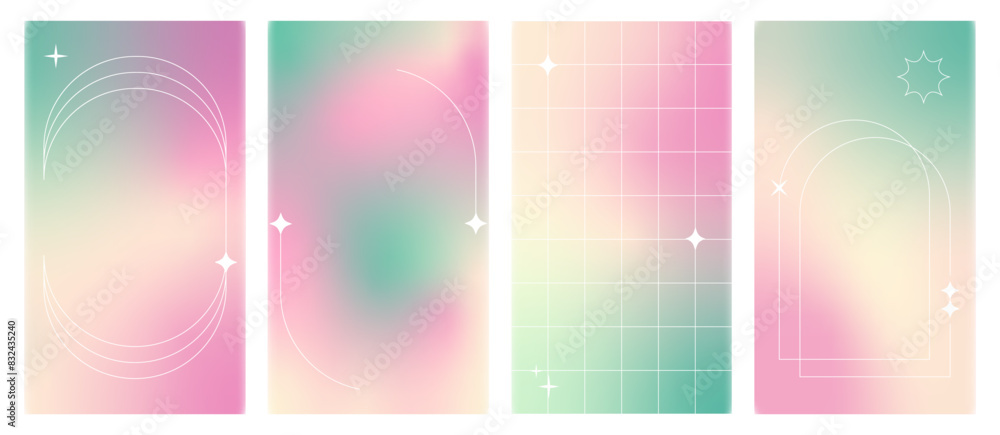 Poster Templates for stories in trendy retro Y2k style. Abstract colorful liquid mesh gradient background. Vector illustration isolated on white background.