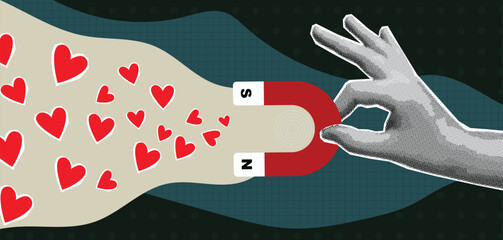 human hand holding a magnet attracting hearts, trendy halftone design, magazine style