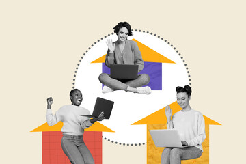 Composite photo collage of three happy businesswoman black white girls work home macbook freelance...