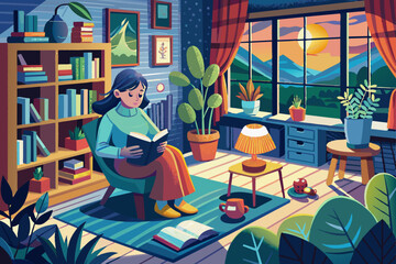 Indoor, reading, room, Illustration.