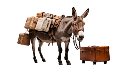 donkey loaded with suitcases isolated on white background
