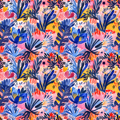 Blue and pink abstract flowers seamless pattern. Loose floral painting illustration. Modern botanical background.