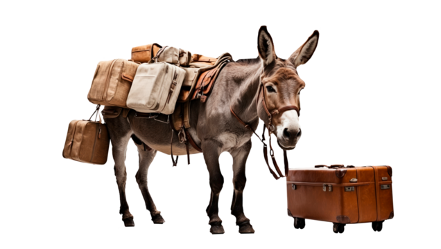 donkey loaded with suitcases isolated on white background - Powered by Adobe