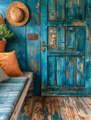 Rustic blue door, straw hat on wall