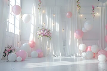 white room brimming plethora of pink and white balloons, creating festive and celebratory atmosphere bachelorette party.decorating a room for a holiday. girl's birthday or layout and bald for text 