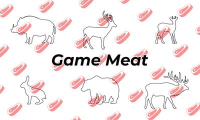 Vector set of animals. Game meat, outline icons. Boar, deer, roe deer, hare, bear, elk. Wild animals mammals and birds that are the objects of hunting and hunting cuisine.