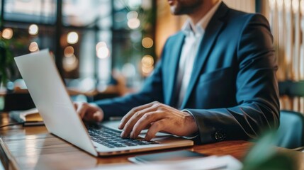 A man is seated at a table, focused on his laptop computer. - Powered by Adobe