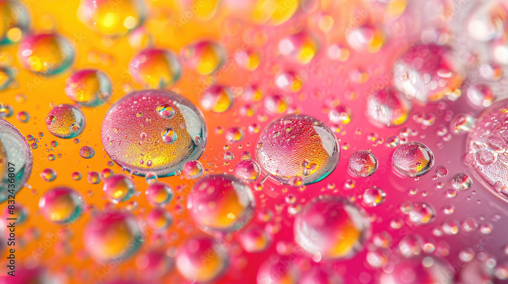 Poster a large number of small, colorful water droplets on a surface. the droplets are scattered in various