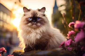Portrait of a cute himalayan cat isolated in vibrant city park