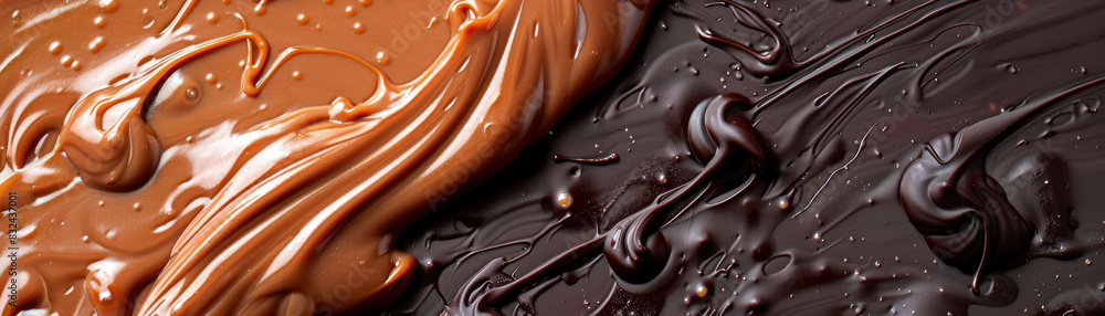 Poster two different types of chocolate are poured onto a surface, creating a swirl pattern. concept of ind