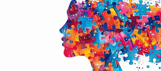 Colorful puzzle pieces forming the silhouette of an open human head, symbolizing creativity and mental health on white background with copy space for promoting palsprites