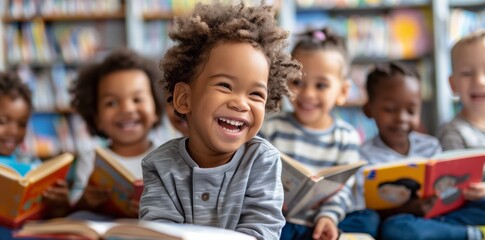 Obraz premium Cute multiethnic children sitting together and reading books in kindergarten or nursery school, laughing while learning with other kids