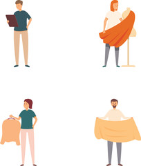 Set of four fashion designers interacting with fabric and sketching designs