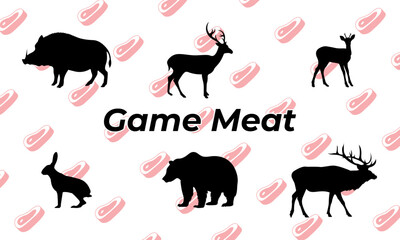 Vector set of animals. Game meat, solid icons. Boar, deer, roe deer, hare, bear, elk. Wild animals mammals and birds that are the objects of hunting and hunting cuisine