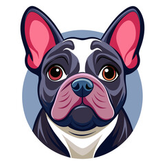 A cartoon French bulldog is gazing into the camera