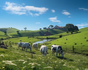 Fototapeta premium Farm scene with cows grazing on a hillside under a clear sky selective focus, tranquil agriculture, whimsical, composite, hilly landscape backdrop