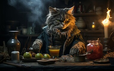 Feline conjurer preparing otherworldly cuisine in an eerie kitchen focus on dark magic cooking, whimsical, blend mode, mystical kitchen backdrop